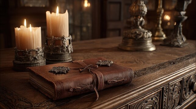 Ornate leather-bound book resting on a wooden table with candles.