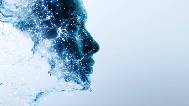 Dark Digital Human Face Profile with Glowing Star Network and Water Flow on Light Blue Background