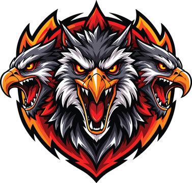 Fierce three headed eagle mascot logo with flames