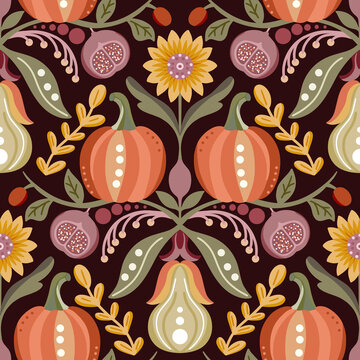 Illustration sans titreAutumn harvest seamless pattern with folk art pumpkins fresh figs sunflowers and botanical leaves on dark background for thanksgiving textile and wrapping paper