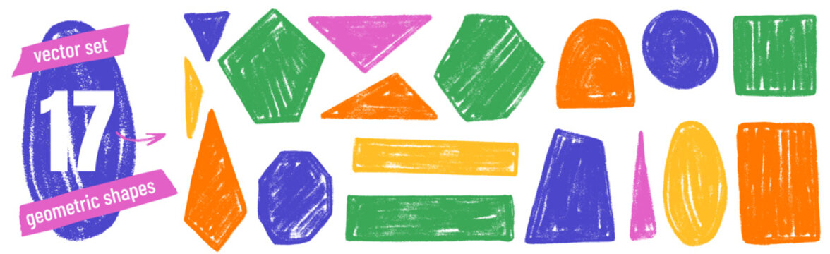 Colorful shapes with rectangle frame and crayon ink on white background. Kid rectangle shape set with triangle, hexagon, arch and circle. Bright hand drawn vector set for sticker and text box callout