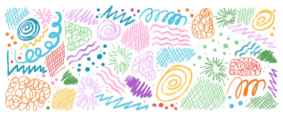 Obraz premium Vector crayon funky abstract kids scribbles set with spontaneous strokes, chaotic marks, expressive squiggles. Rough multi colors zigzag, round elements create graphic chaos with childish energy