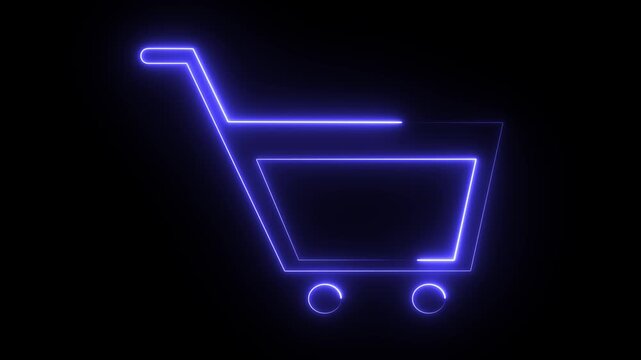 A digital stock illustration of a purple neon glowing shopping cart icon.