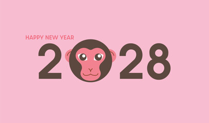 Funny cartoon lettering for Chinese New Year of the Monkey 2028. Lunar New Year 2028 banner template with zodiac monkey head. © Alix