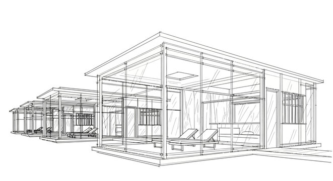 Modern Architectural Wireframe Design of a Glass House with Minimalist Living Space and Interior Layout