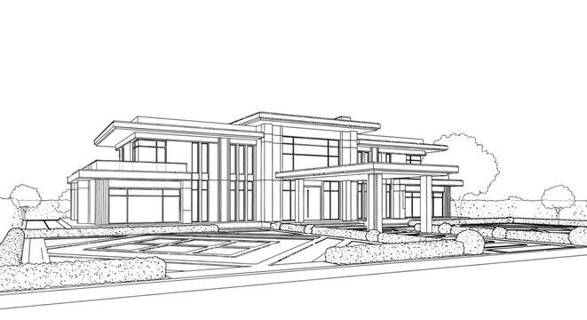 Modern architectural line drawing of a luxury two-story residential villa featuring minimalist design and landscaped garden blueprint concept