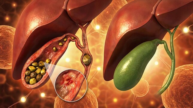 Gallbladder disease, depicting inflamed organ pathology, gallstone formation, medical concept illustrating healthy versus ailing human internal digestive anatomy