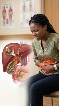 Gallbladder disease, woman suffering severe abdominal pain, detailed human anatomy visual of gallstones, biliary system blockage, acute health problem, medical concept