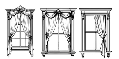 windows with curtains. black and white linear sketch. Vector illustration. A simple drawing is isolated on a white background. For children's coloring books, educational materials, and design layouts. © Elena