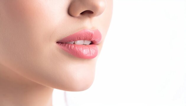 Close-up of a fair-skinned face with pink lips, showing upper teeth against white