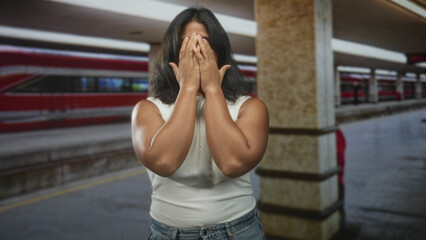 Fototapeta premium Woman clenching fists and smiling broadly, arms raised in front of a red train and platform pillar, wearing white sleeveless top and jeans inside building; victory celebration.