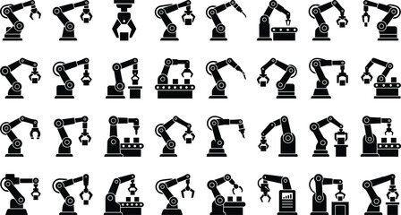 Obraz premium Industrial Robotic Arm Silhouette Vector Collection Set with Automated Manufacturing and Factory Automation Icons