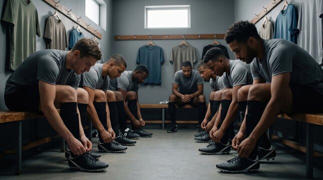 Team getting ready for sports game in locker room