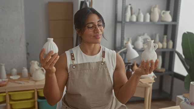 Woman wearing apron holding two ceramic vases in hands while inspecting shapes and textures among shelves of pottery in a studio; quiet concentration craft.
