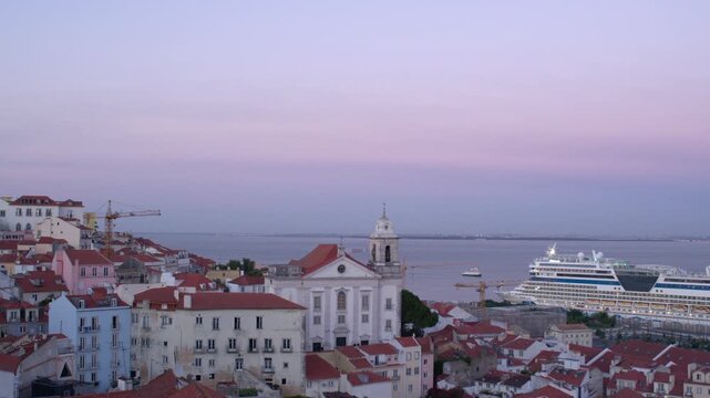 Alfama Rooftops and Tagus River from Portas do Sol at Dusk Lisbon Portugal Shot with Cinema Camera