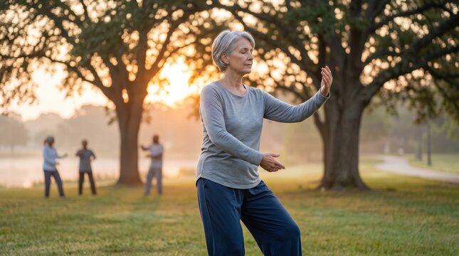 Mature Woman Practicing Tai Chi Exercises in a Peaceful Park at Sunset