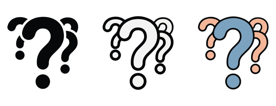 Colorful question mark symbols in black blue and orange on white background for queries and confusion  illustrations set