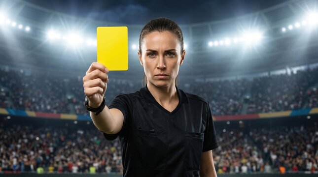 Female Soccer Referee Holding a Yellow Card in a Packed Professional Stadium