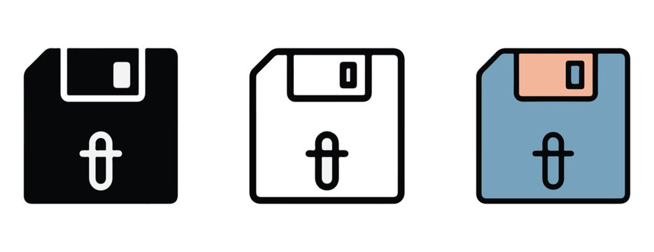 Floppy disk icons in black white and blue with open tabs