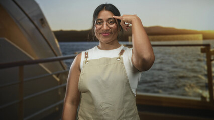 Fototapeta premium Woman in apron touching temple with finger and smiling on a boat deck studio; confidence thinking optimism.