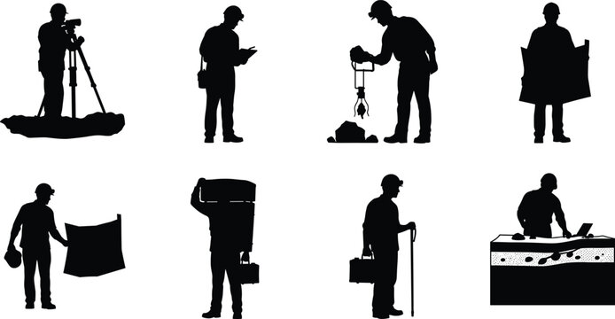 Geologists and surveyors silhouette icon set surveying land measuring soil layers and analyzing rock samples