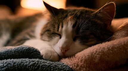 Fototapeta premium A beautiful domestic cat is peacefully sleeping on a soft blanket in warm cozy indoor lighting