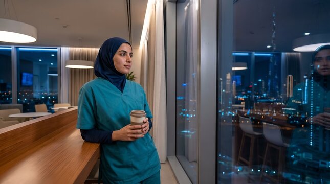 Muslim female healthcare professional in scrubs holding coffee by a night city window