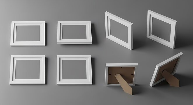 White picture frame set shown from various perspectives on a matte gray tabletop with soft shadows for digital product mockups