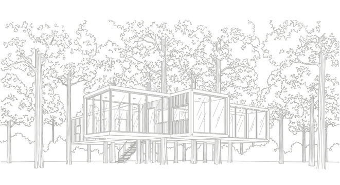 Modern Architectural Sketch of a Sustainable Elevated Glass House Nestled Among Tall Forest Trees in a Serene Nature Landscape Setting