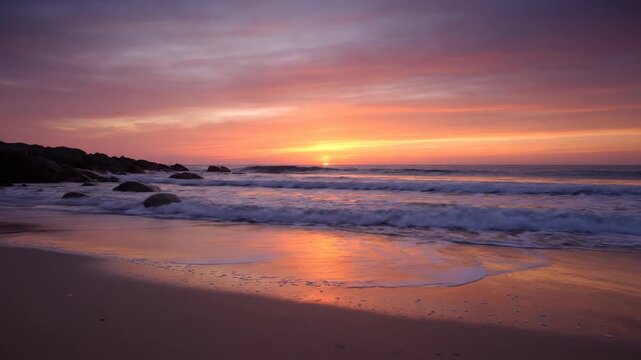 A picturesque sunset over a serene beach, with waves lapping on the shore