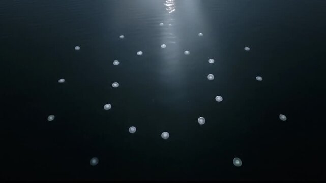 A group of bioluminescent organisms or floating lights drift slowly across a dark, calm body of water at night, reflecting soft light under a moonlit sky.