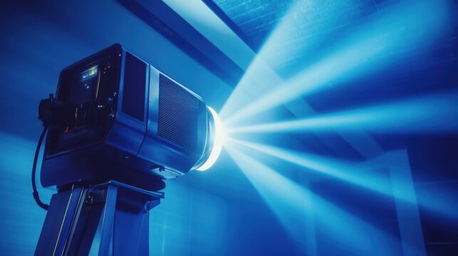 Close up of a powerful projector beaming light for a cinema show