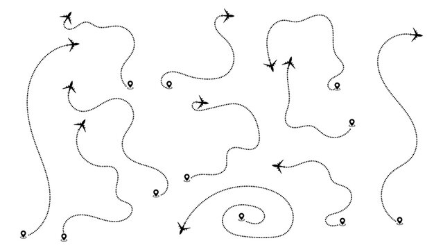 Black and white illustration of various airplane flight paths and routes