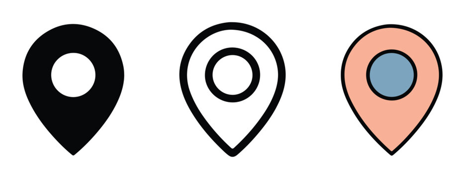 colored map pin icons in black white and pink with blue and white circles inside  map location markers