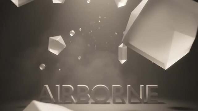 A cinematic 3D animation featuring geometric polyhedrons falling through a warm spotlight over the word 'AIRBORNE'. The scene is filled with atmospheric dust and subtle smoke.