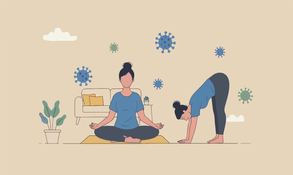 Stay calm at piggy teams together social distancing self isolation in COVID-19 Coronavirus outbreak lockdown concept, woman meditate and yoga at home to stay calm, COVID-19 virus around