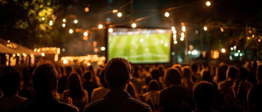 Rear view of a crowd watching a live football match on a big screen at an outdoor night event illuminated by warm string lights.