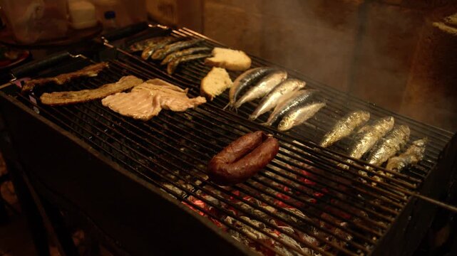 Grilled Sardines Pork Bifanas and Chorizo Sausage at Santos Populares Festival Lisbon Portugal Shot with Cinema Camera