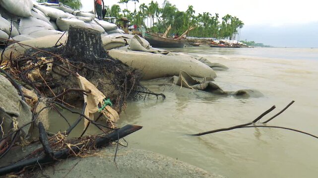 Damaged Riverbank Protection Structures Affected by Strong River Currents