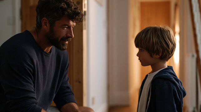 stepfather kneeling at eye level with young child in hallway, firm but calm expression during apparent boundary conversation, discipline without authority conflict, stepparent