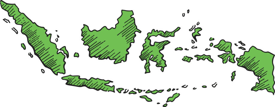 Indonesia Map Sketch Illustration With Green Hatching On White Background