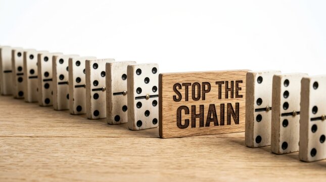 Wooden block stops falling domino chain on table
