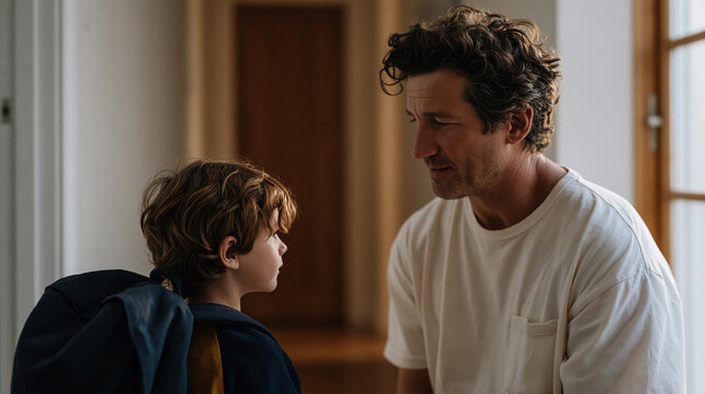 stepfather kneeling at eye level with young child in hallway, firm but calm expression during apparent boundary conversation, discipline without authority conflict, stepparent