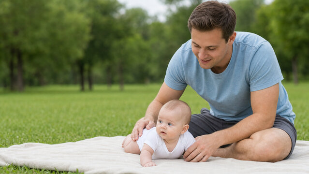 Baby yoga outdoors with father, tummy time and mindful bonding in nature