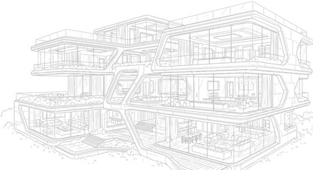Obraz premium Futuristic Modular Architectural Building Wireframe Sketch with Modern Glass Facade and Organic Geometric Structure