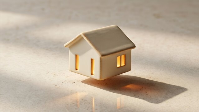 Miniature House Model Floating Above an Aesthetic Marble Table Surface