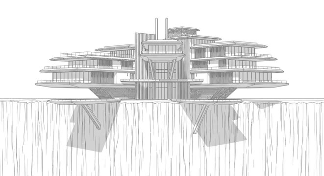 Architectural sketch of a modern futuristic mansion built on a steep cliff waterfall edge