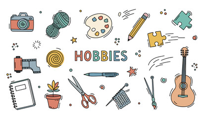 Hobbies items showcasing crafting and musical tools on white background
