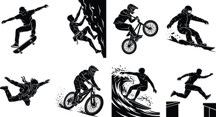 Naklejka premium Set of extreme sports silhouettes featuring skateboarding, rock climbing, cycling, snowboarding, skydiving, and surfing actions