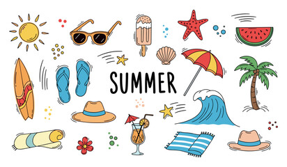 Obraz premium Summer beach doodle elements scattered on white background